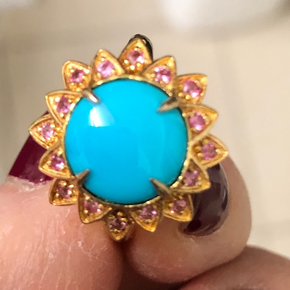 Sleeping Beauty turquoise with pink sapphires, gold plated sterling, size 6